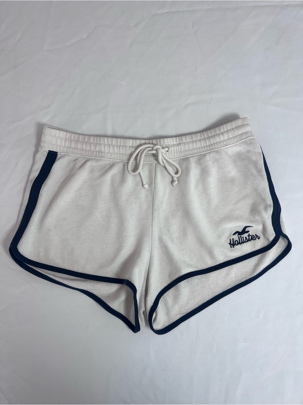 Hollister White Drawstring Terry Shorts with Navy Trim